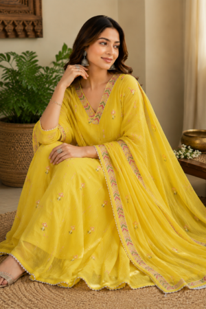 1 Yellow Mul Chanderi Semi Stitched Suits