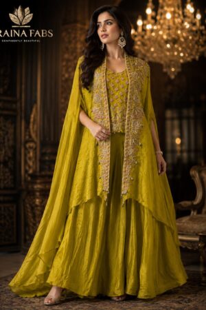 Indowestern Green Chinnon fabric